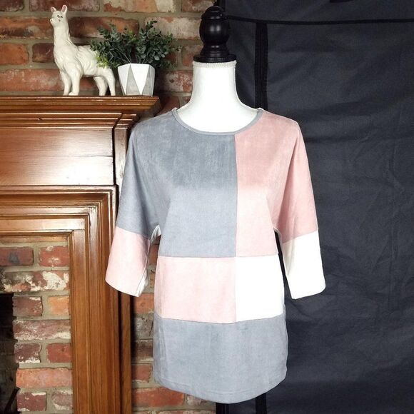 NEW NWT Joh Abigail Short Sleeve Grey Pink White Faux Suede Colorblock Top - Picture 4 of 11
